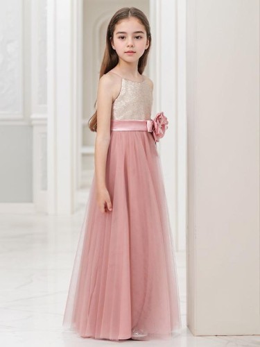 A-line Princess Spaghetti Straps Petite Sleeveless Floor-Length Tulle Flower Girl Dress