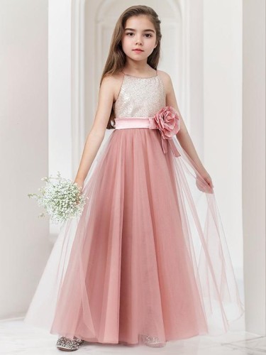 A-line Princess Spaghetti Straps Petite Sleeveless Floor-Length Tulle Flower Girl Dress