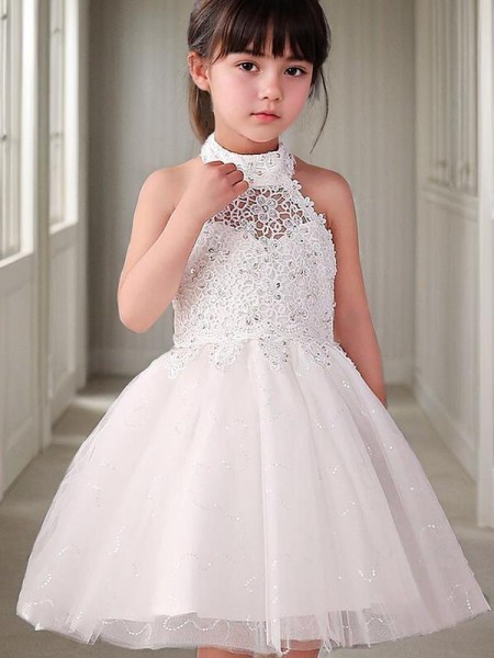 A-line Princess Halter Sleeveless Playful Knee-Length Tulle Flower Girl Dress With Beading