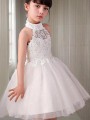 A-line Princess Halter Sleeveless Playful Knee-Length Tulle Flower Girl Dress With Beading