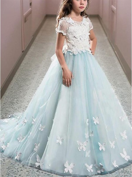 A-line Princess Scoop Short Sleeves Floor-Length Joyful Tulle Flower Girl Dress With Lace