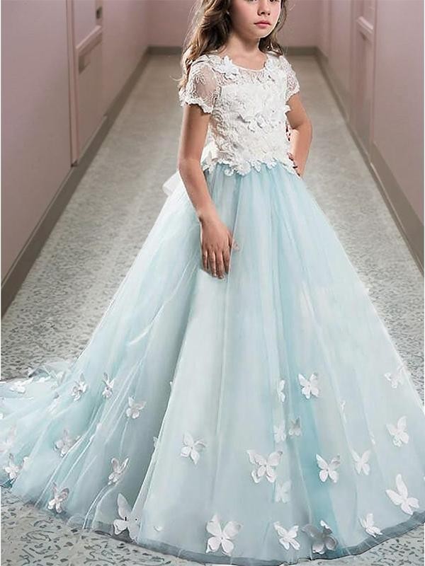 A-line Princess Scoop Short Sleeves Floor-Length Joyful Tulle Flower Girl Dress With Lace