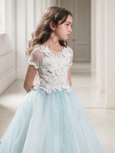 A-line Princess Scoop Short Sleeves Floor-Length Joyful Tulle Flower Girl Dress With Lace