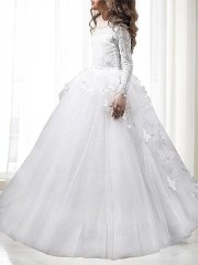 Ball-Gown Princess Scoop Long Sleeves Floor-Length Sparkling Tulle Flower Girl Dress