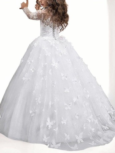 Ball-Gown Princess Scoop Long Sleeves Floor-Length Sparkling Tulle Flower Girl Dress