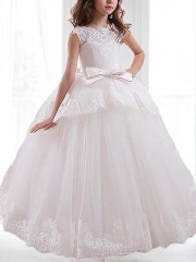 Ball-Gown Princess Scoop Sleeveless Floor-Length Tulle Dreamy Flower Girl Dress With Sash