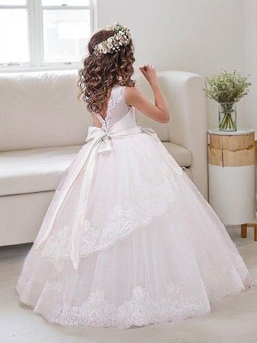 Ball-Gown Princess Scoop Sleeveless Floor-Length Tulle Dreamy Flower Girl Dress With Sash