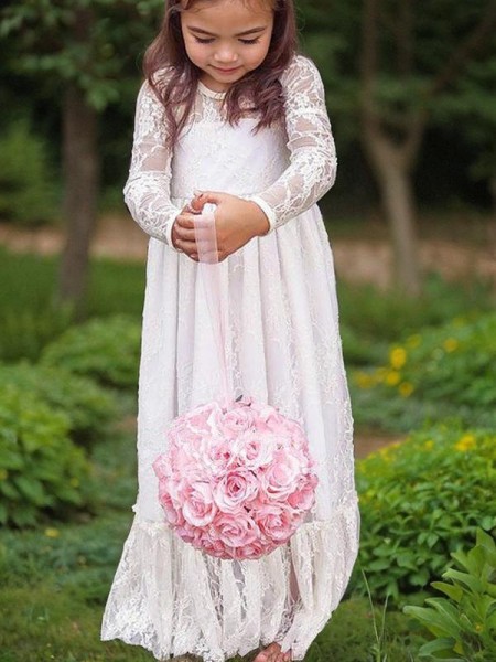 Celebratory A-line Jewel Long Sleeves Floor-Length Lace Flower Girl Dress With Bowknot