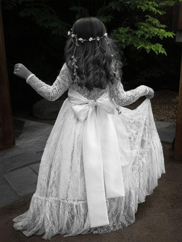 Celebratory A-line Jewel Long Sleeves Floor-Length Lace Flower Girl Dress With Bowknot