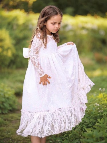 Celebratory A-line Jewel Long Sleeves Floor-Length Lace Flower Girl Dress With Bowknot