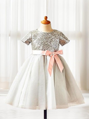 A-line Princess Scoop Charming Short Sleeves Tea-Length Tulle Flower Girl Dress With Sequins