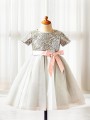 A-line Princess Scoop Charming Short Sleeves Tea-Length Tulle Flower Girl Dress With Sequins