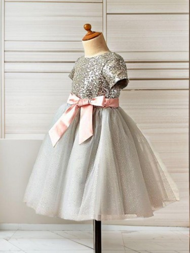 A-line Princess Scoop Charming Short Sleeves Tea-Length Tulle Flower Girl Dress With Sequins