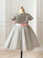 A-line Princess Scoop Charming Short Sleeves Tea-Length Tulle Flower Girl Dress With Sequins