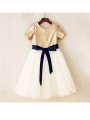 A-line Princess Scoop Charming Short Sleeves Tea-Length Tulle Flower Girl Dress With Sequins