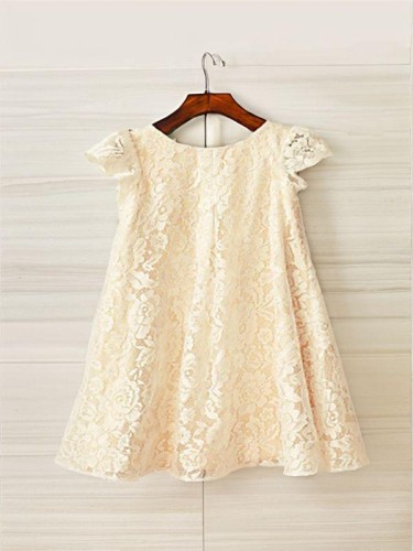 A-line Scoop Short Sleeves Delightful Tea-Length Lace Flower Girl Dress