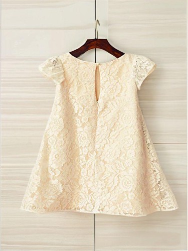 A-line Scoop Short Sleeves Delightful Tea-Length Lace Flower Girl Dress