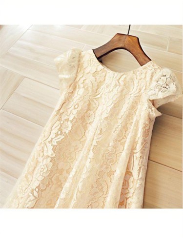 A-line Scoop Short Sleeves Delightful Tea-Length Lace Flower Girl Dress