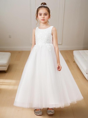 A-line Princess Scoop Sleeveless Ankle-Length Innocent Tulle Flower Girl Dress