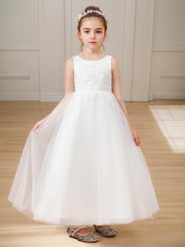 A-line Princess Scoop Sleeveless Ankle-Length Innocent Tulle Flower Girl Dress