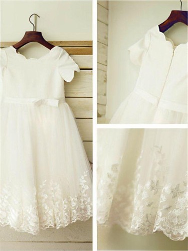 A-line Princess Scoop Short Sleeves Tea-Length Tulle Angelic Flower Girl Dress With Lace