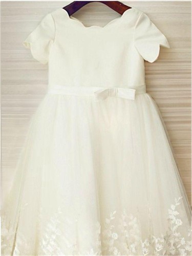 A-line Princess Scoop Short Sleeves Tea-Length Tulle Angelic Flower Girl Dress With Lace