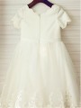 A-line Princess Scoop Short Sleeves Tea-Length Tulle Angelic Flower Girl Dress With Lace