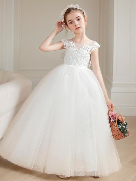 Lovely Ball-Gown Princess Scoop Short Sleeves Ankle-Length Tulle Flower Girl Dress