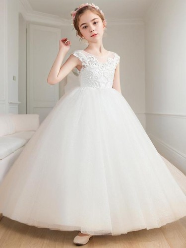 Lovely Ball-Gown Princess Scoop Short Sleeves Ankle-Length Tulle Flower Girl Dress