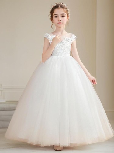 Lovely Ball-Gown Princess Scoop Short Sleeves Ankle-Length Tulle Flower Girl Dress