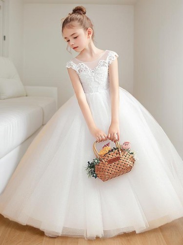 Lovely Ball-Gown Princess Scoop Short Sleeves Ankle-Length Tulle Flower Girl Dress