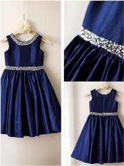 A-line Dainty Scoop Sleeveless Tea-Length Taffeta Flower Girl Dress With Rhinestone