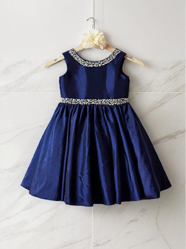 A-line Dainty Scoop Sleeveless Tea-Length Taffeta Flower Girl Dress With Rhinestone