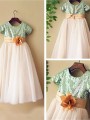 A-line Scoop Enchanting Short Sleeves Tea-Length Sequins Flower Girl Dress With Sequins