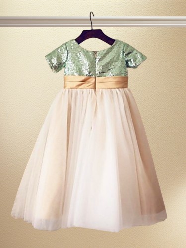 A-line Scoop Enchanting Short Sleeves Tea-Length Sequins Flower Girl Dress With Sequins