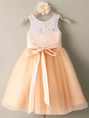 A-line Princess Scoop Sleeveless Graceful Tea-Length Tulle Flower Girl Dress With Sash