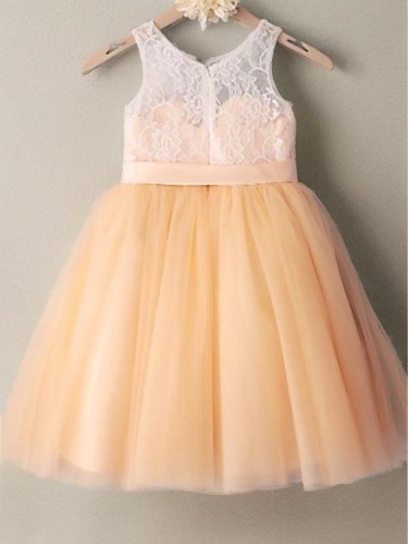 A-line Princess Scoop Sleeveless Graceful Tea-Length Tulle Flower Girl Dress With Sash