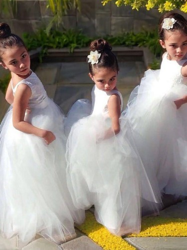 Ball-Gown Princess Jewel Sleeveless Floor-Length Celebratory Tulle Flower Girl Dress