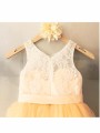 A-line Princess Scoop Sleeveless Graceful Tea-Length Tulle Flower Girl Dress With Sash