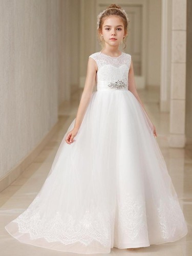 A-line Princess Scoop Sleeveless Sweep Train Whimsical Tulle Flower Girl Dress