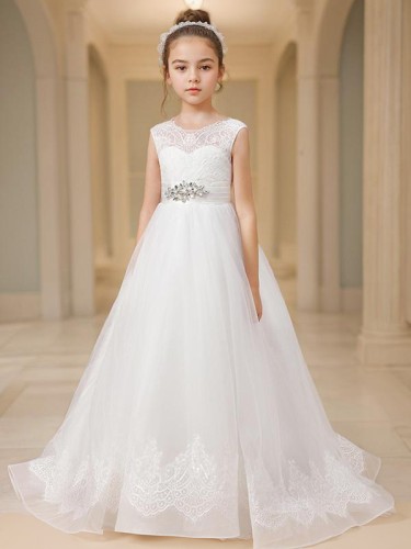 A-line Princess Scoop Sleeveless Sweep Train Whimsical Tulle Flower Girl Dress