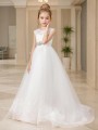 A-line Princess Scoop Sleeveless Sweep Train Whimsical Tulle Flower Girl Dress