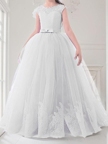 Celebratory Ball-Gown Princess Jewel Sleeveless Floor-Length Tulle Flower Girl Dress With Bowknot