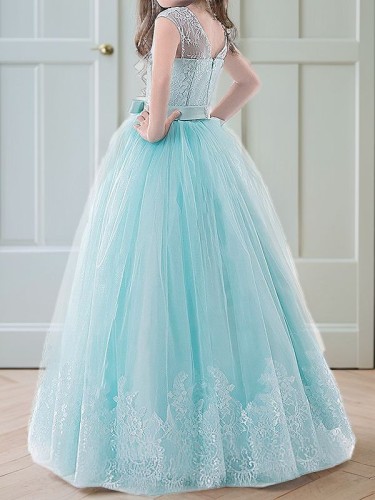 Celebratory Ball-Gown Princess Jewel Sleeveless Floor-Length Tulle Flower Girl Dress With Bowknot