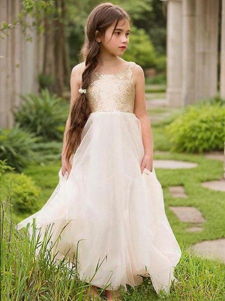 A-line Princess Scoop Sleeveless Floor-Length Tulle Adorable Flower Girl Dress With Sequins