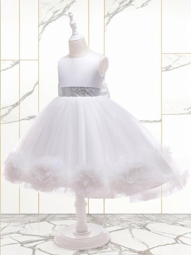 Ball-Gown Princess Petite Scoop Sleeveless Tea-Length Tulle Flower Girl Dress