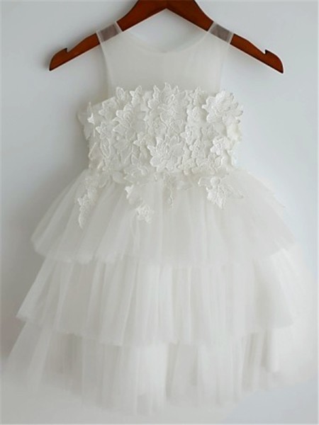 A-line Princess Straps Playful Sleeveless Tea-Length Tulle Flower Girl Dress With Lace