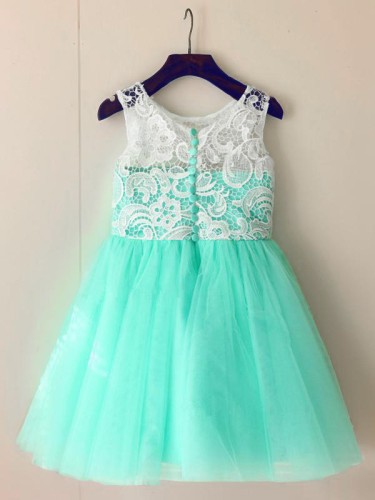 A-line Princess Scoop Sleeveless Tea-Length Sparkling Tulle Flower Girl Dress With Lace