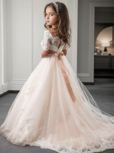 Ball-Gown Princess Off-the-Shoulder Short Sleeves Sweep Train Tulle Celebratory Flower Girl Dress With Sash