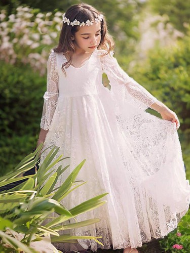 Charming A-line V-neck Long Sleeves Floor-Length Lace Flower Girl Dress